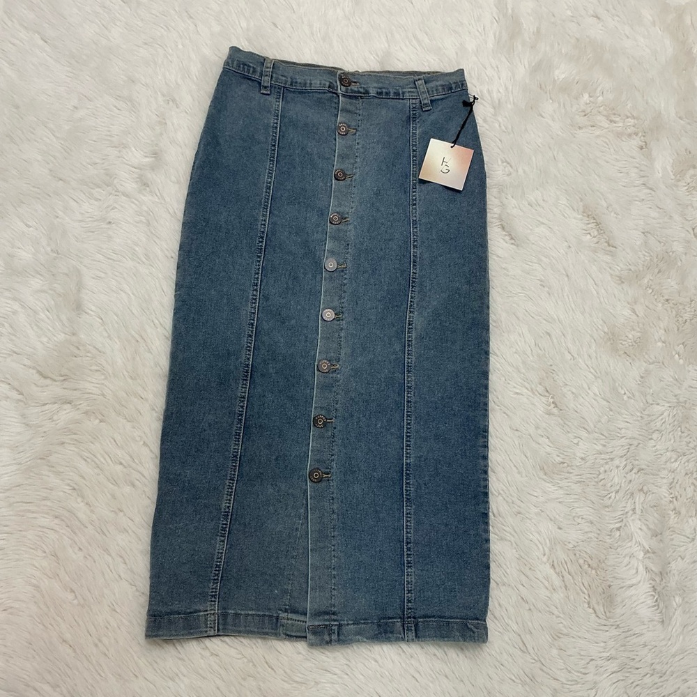 Denim Button-Front Midi Skirt